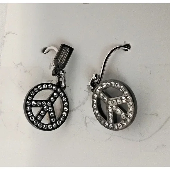 Coach Earrings Peace Sign .925 Sterling Silver Rhinestone #W4265 - Picture 5 of 10